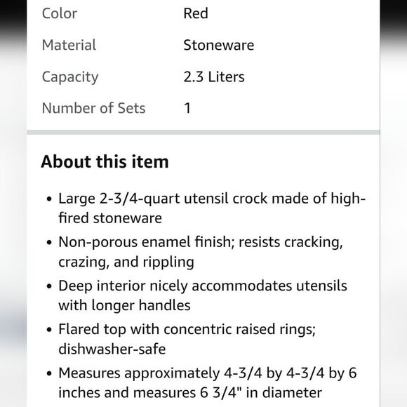 Le Creuset Stoneware Large 2 3/8 Quart Utensil Crock- Cerise - Picture 3 of 5